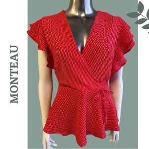 Monteau Short Sleeve Blouse Red
Polka Dot Flounce Sleeve Faux Wrap
Size Medium